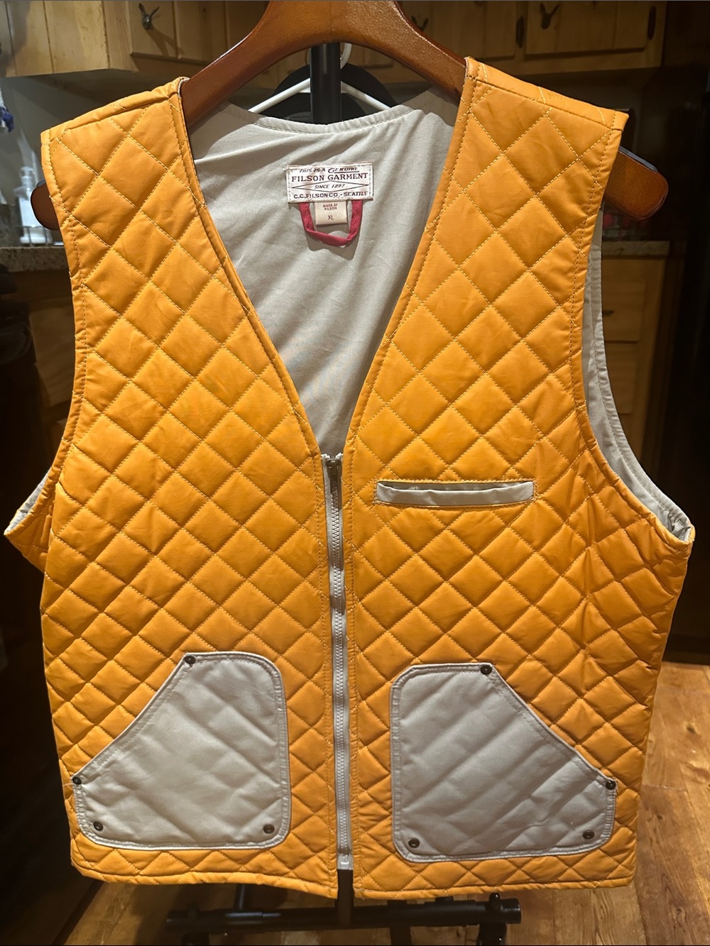 Filson Quilted Orange Vest with Light Gray Accents